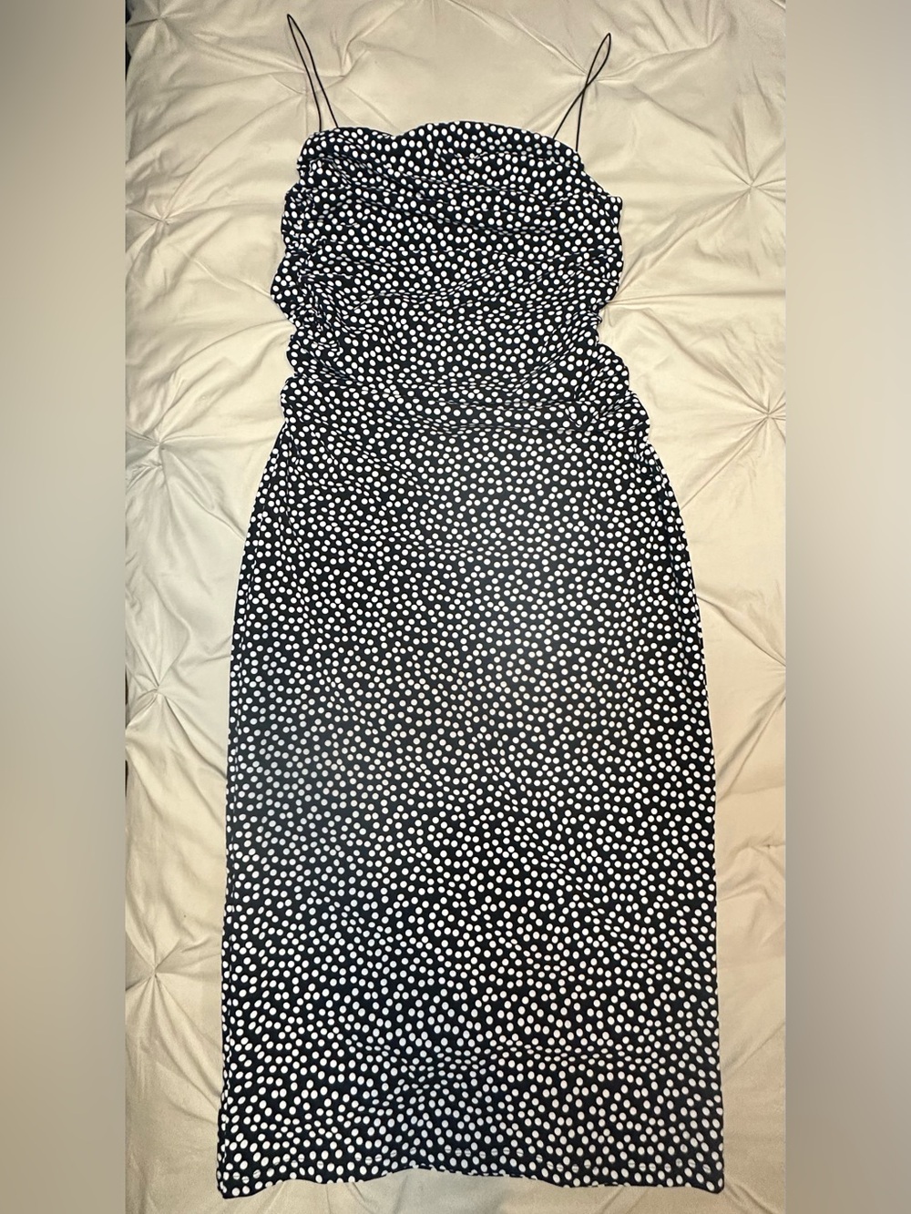 H&M Black Dress with White Polka Dots - Ruched Midi
